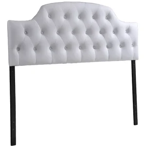 Queen Size White Faux Leather Upholstered Button-tufted Scalloped Headboard